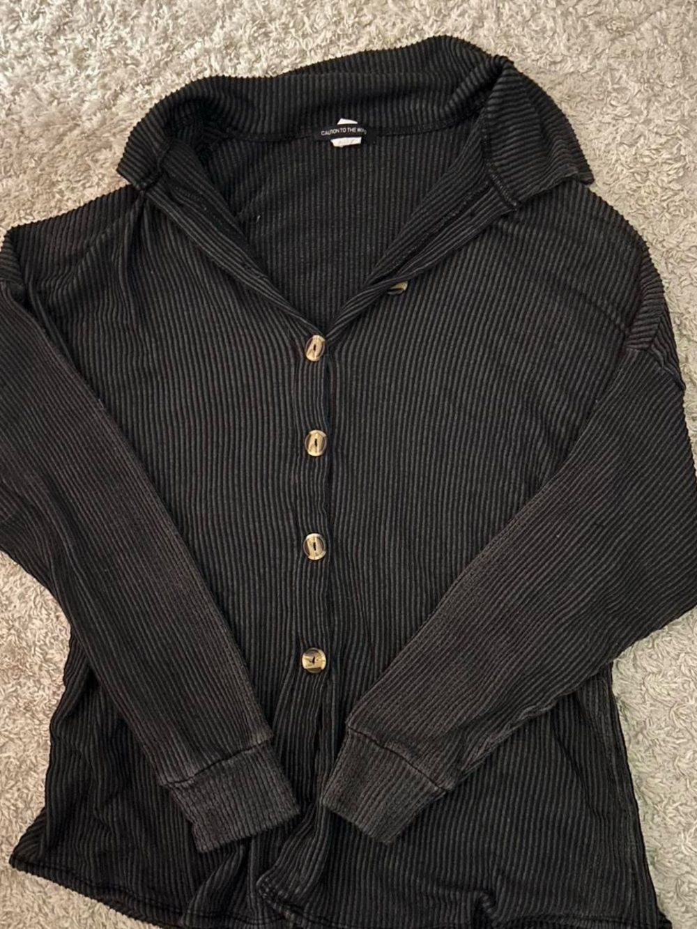 Ribbed Button-Front Long Sleeve Top - Black